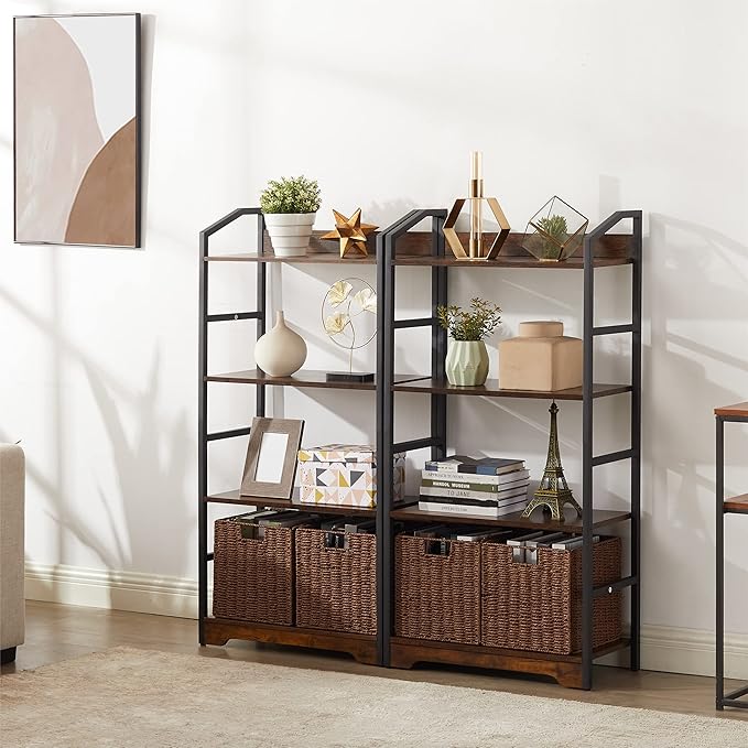 Vagusicc 4 Tier Bookshelf with 2 Storage Baskets, Tall Bookcase Shelf Storage Organizer Wood Book Shelf, Modern Shelf Rack Shelves with Steel Frame, Multipurpose Bookshelf for Bedroom Living Room