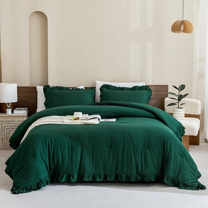 Andency Dark Emerald Green Comforter Set Queen, 3 Pieces Solid Ruffle Farmhouse Bedding Set for Queen Bed, Lightweight Soft Ruffled Bed Comforter Set for All Seasons
