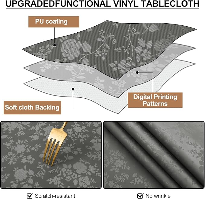 Smiry Round Waterproof Heavy Duty Vinyl Tablecloths, 60 x 60 Inch | Wipeable Washable Floral Embossed Table Cover for Kitchen and Dining Room, Indoor & Outdoor Use, Dark gray