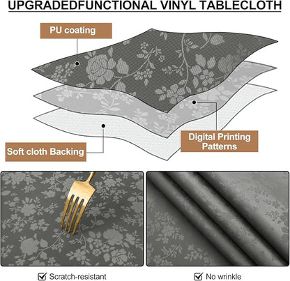 Smiry Round Waterproof Heavy Duty Vinyl Tablecloths, 60 x 60 Inch | Wipeable Washable Floral Embossed Table Cover for Kitchen and Dining Room, Indoor & Outdoor Use, Dark gray