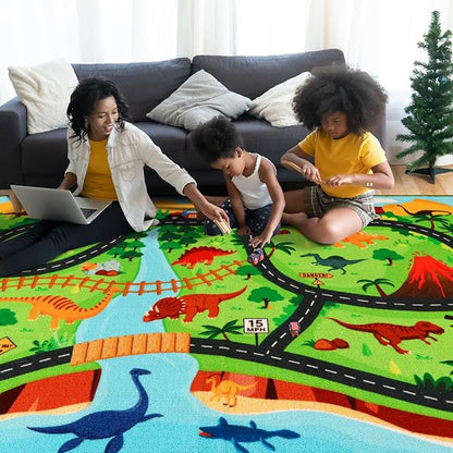 Kids Carpet Playmat Rug,78.7"x59" Dinosaur Car Rugs for Kids Toy Cars,Non Slip Dino Safari Road Map Kids Rug for Playroom Bedroom Boys,Kids Play Mat Road Rug,Track Rug Car Play Carpet for Kids