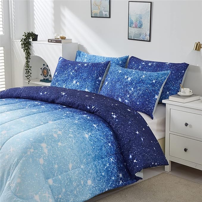 Blue Glitter Comforter Set Full/Queen Size for Boys Girls, Sparkle Galaxy Twinkle Starlight Kids Teen, 3 Piece Aqua Navy Ombre Bedding with 2 Pillow Cases(Blue,Queen), Queen(3-Piece)
