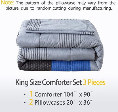 Andency Stripe Blue Comforter Set King Size, 3 Pieces Gray and Blue Patchwork Striped Comforter(104x90 Inch), Soft Microfiber Down Alternative Comforter Bedding Set with Corner Loops