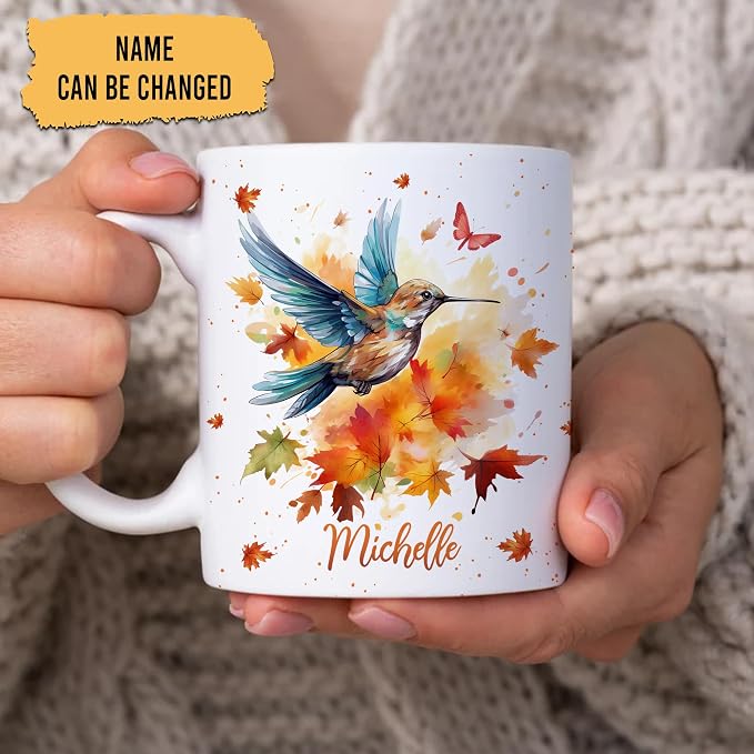 Hyturtle Personalized Fall Hummingbird Maple Leaves Coffee Mug | Birthday Gifts For Hummingbird Lovers - Fall Autumn Decor Gifts For Thanksgiving - Custom Name 11oz White Ceramic Tea Mug