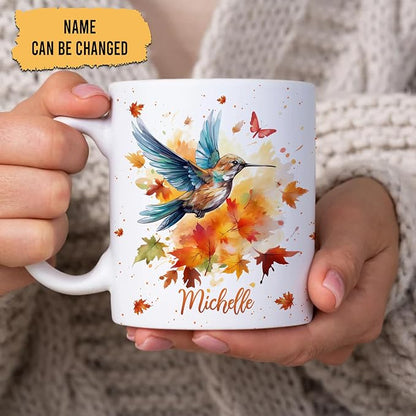 Hyturtle Personalized Fall Hummingbird Maple Leaves Coffee Mug | Birthday Gifts For Hummingbird Lovers - Fall Autumn Decor Gifts For Thanksgiving - Custom Name 11oz White Ceramic Tea Mug