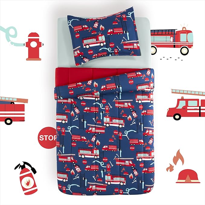 SLEEP ZONE Kids Bedding Twin Comforter Set - Super Soft & Cute Printed 2-Piece Comforter Set All Seasons for Boys, Girls, Fade Resistant, Machine Washable, Fire Truck