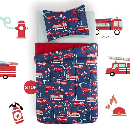 SLEEP ZONE Kids Bedding Twin Comforter Set - Super Soft & Cute Printed 2-Piece Comforter Set All Seasons for Boys, Girls, Fade Resistant, Machine Washable, Fire Truck