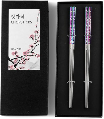 Hagary Cherry Blossom Rainbow Chopsticks Metal Chopsticks Reusable Designed In Korea Japanese Style Stainless Steel 316 18/10 Non-Slip Dishwasher Safe (2 Pairs)