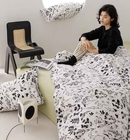 Botanical Comforter Set King White and Black Floral Plant Bedding Comforter Set Girls Garden Pattern Printed on White Blanket Rustic Leaf Blossom Women White Farmhouse Comforter King