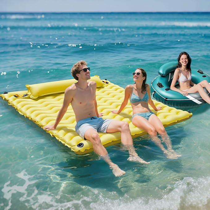 Inflatable Floating Mat/Raft/Dock/Platform, Float with Non-Slip Wave Pattern and Dual Headrest, Multi-Person Water Floating for Pool, Beach, Lake, River, and Ocean Fun