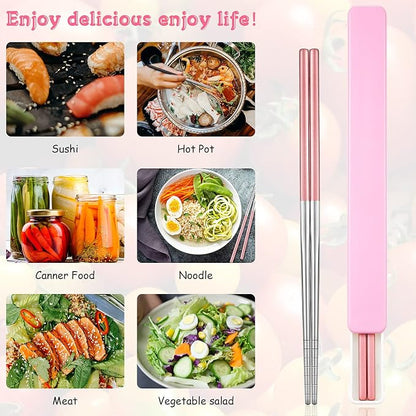 Patelai 4 Pairs Portable Chopsticks with Case Metal Stainless Steel Chopsticks Reusable Portable Utensil for Travel, Office Lunch & Holiday Gift for Friends & Family