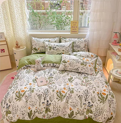 Botanical Comforter Queen White Sage Green Floral Plant Bedding Set Garden Pattern Printed on White Women Reversible Blanket 3 PCs Girls Breathable White Floral Bed Comforter Set