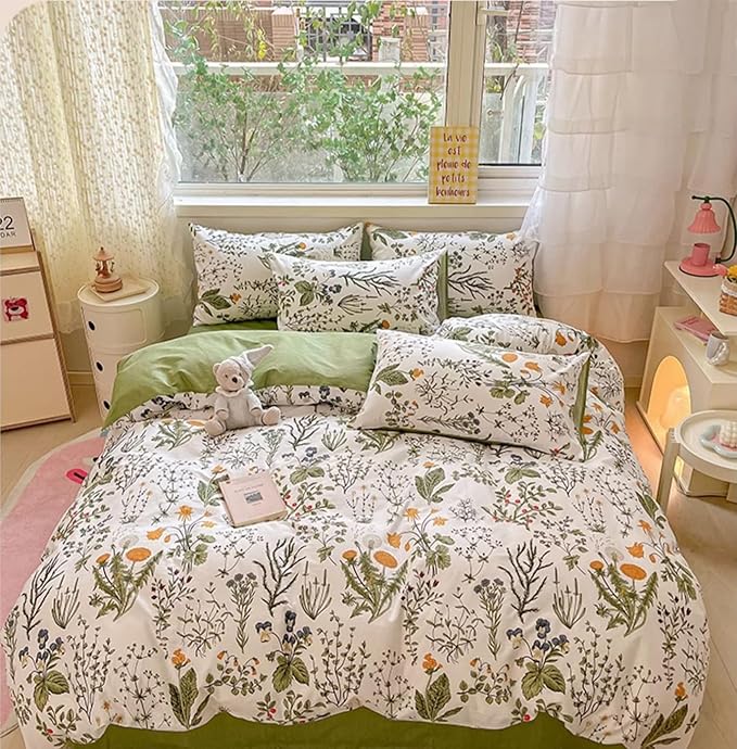 Botanical Comforter Set Cal King White and Sage Green Floral Plant Bedding Set Garden Pattern Printed on White Women Reversible Blanket 3 PCs Girls Breathable White Floral Bed Comforter Set