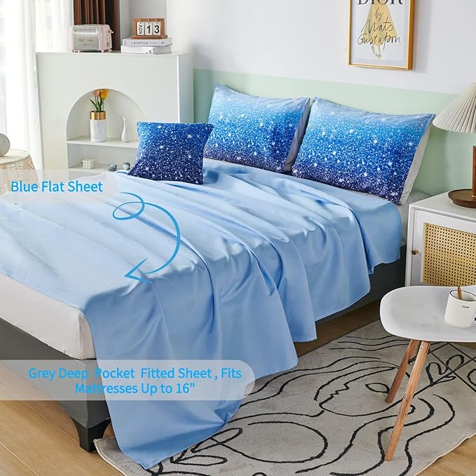 RYNGHIPY 6Pcs Gradient Aqua Blue Navy Ombre Comforter Sets with Sheets Pillowcases, Twin Size Sparkle Glitter Design Comforter Bedding Collections for Kids Boys and Girls