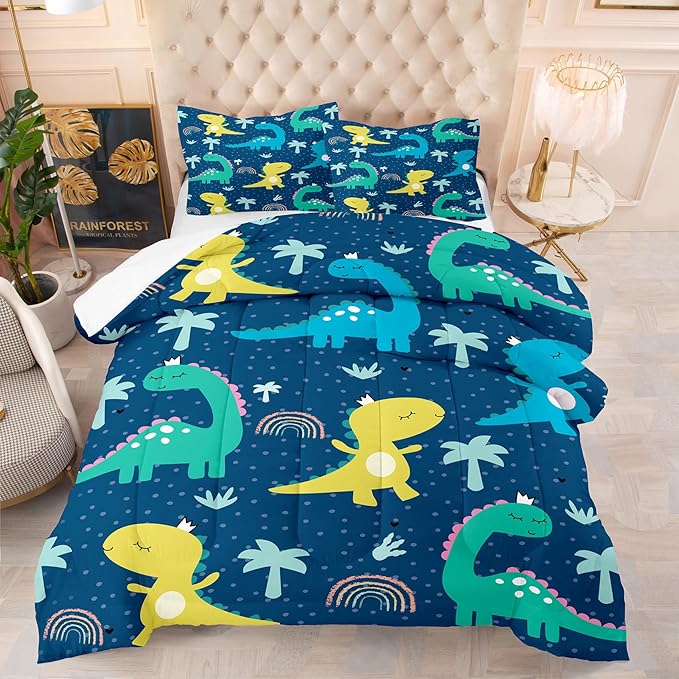 NINENINE Dinosaur Bedding Sets Twin Comforter Sets for Boys,Dark Blue Dinosaur Bedding Sets,Kawaii Cartoon Comforter Sets with 1 Comforter 1Pillowcase