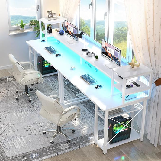 Gaming Desk with Lights & Power Outlets, 39.4' Computer Desk with Shelves, Small Desk for Small Space, Writing Desk with Monitor Stand, White