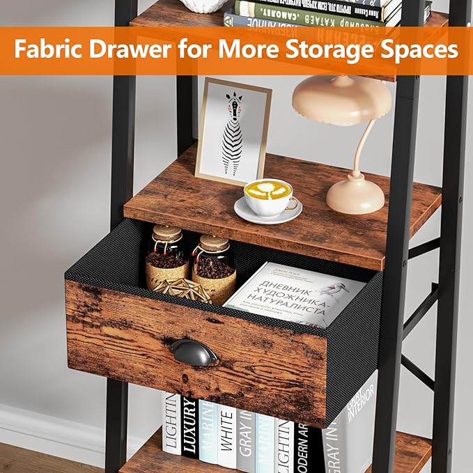 Furologee 5 Tier Ladder Shelf with Drawer, Tall Bookshelf Storage Shelves, Bookcase Standing Shelf Units, Industrial Open Display Shelves Organizer for Bedroom, Living Room, Kitchen, Rustic Brown…