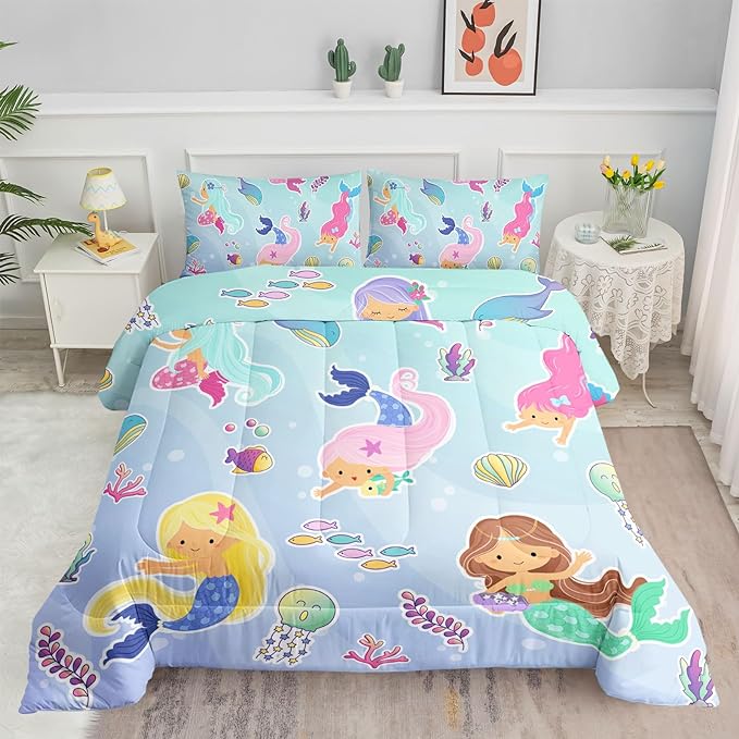 Datura home Girls Mermaid Comforter Set for Girls Women,Kawaii Mermaid Girls Play with Fish Printed Pattern Blue Kawaii Bedding Set with 2 Pillowcases(Girls Full)