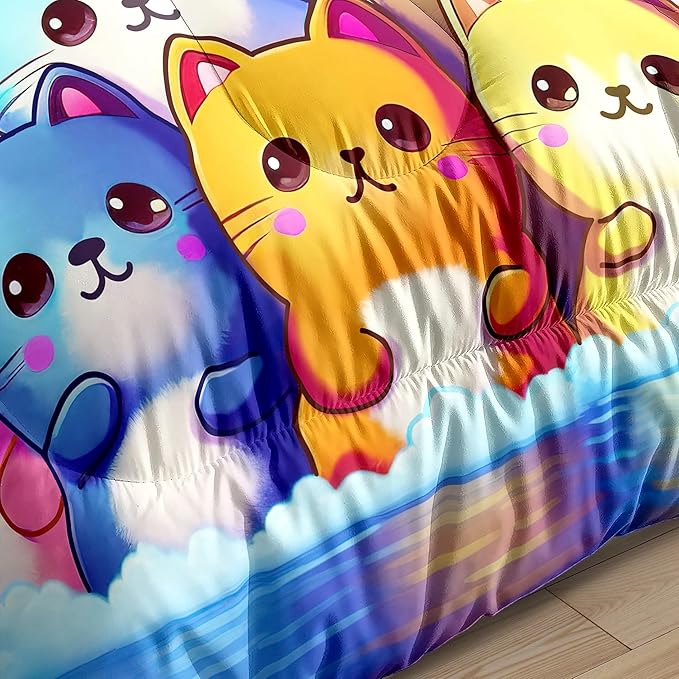 Rainbow Cat Comforter Twin Size - Rainbow Cat Bedding for Girls Room Cute Cartoon Rainbow Bedding Twin Comforter Sets for Kids, 1 Comforter+1 Pillowcase