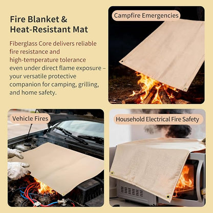 Fireproof Blanket,Made of Fiberglass with Bound Edges and Metal Perforations, can be Laid Flat or Hung up, Suitable for Camping, Home fire Protection,BBQ Grill mats.(17.72x17.72 Inch, Khaki)