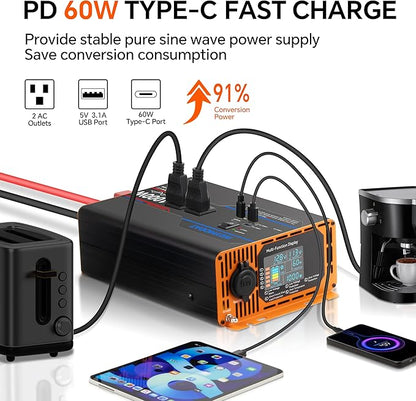 1000W Pure Sine Wave Inverter, Car Power Inverter 12V to 110V 120V, DC to AC Converter Generator with AC Outlets 3.0A USB Type-C, Remote Controller LCD Display Truck Inversor for Vehicles, RV
