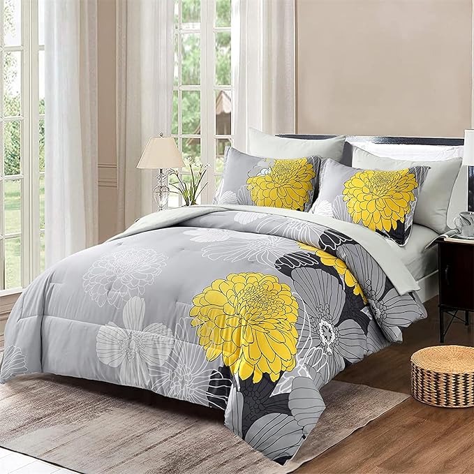 7 Pieces Bed in a Bag Yellow Floral Comforter Set Flowers Comforter Sets Soft Microfiber Bedding Set Queen Size (1 Comforter 1 Flat Sheet 1 Fitted Sheet 2 Pillowshams 2 Pillowcases)