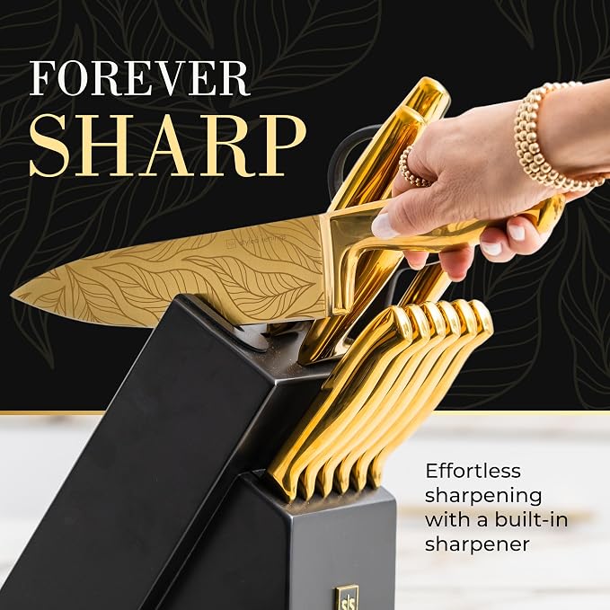 Styled Settings Gold Knives with Etched Leaves Pattern and Sharpener Block | 14-Piece Gold Titanium-Coated Blades with Beautiful Pattern, Ultra-Sharp Stainless Steel, & Stylish Kitchen Knife Block Set