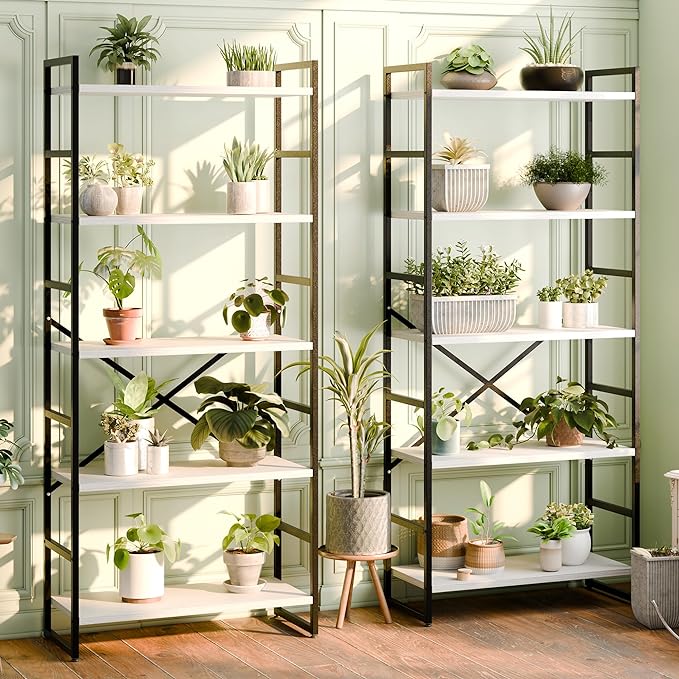 Shintenchi 2 Pieces 5 Tiers Bookshelf, Classically Tall Bookcase Shelf, Industrial Book Rack, Modern Book Holder in Bedroom/Living Room/Home/Office, Storage Rack Shelves for Books/Movies-White
