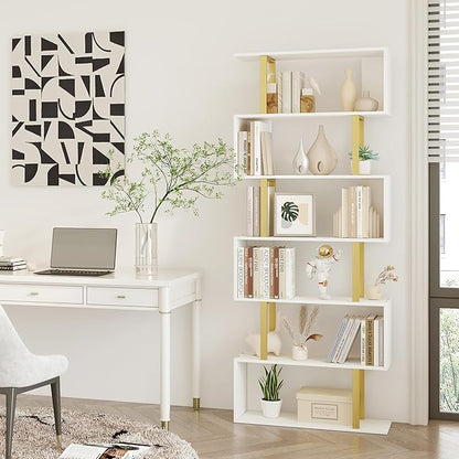 Yusong Geometric Bookcase, S Shaped Bookshelf 6-Tier Book Shelves for Bedroom, Modern Wood Decorative Display Shelf Tall Book Case for Home Office, Gold and White