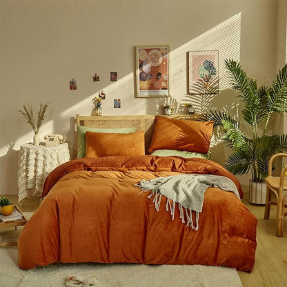 Wellboo Burnt Orange Velvet Comforter Sets Queen Women Girls Rust Caramel Fluffy Bedding Comforters Solid Terracotta Flannel Modern Aesthetic Quilts Warm Winter Plain Reddish Plush 3 PCS Blankets Soft