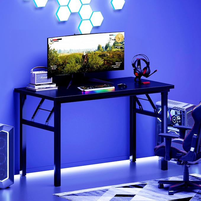 DlandHome 39.4 Inch Small Folding Computer Desk for Home Office, Black | Foldable Writing Table for Small Spaces Bedroom, No Assembly Required, Wood Top Metal Frame, Collapsible Compact Easy Storage