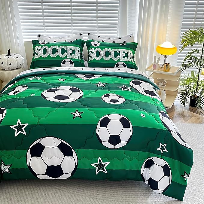 7 Piece Boys Soccer Comforter Set Full Size Bed in A Bag 3D Football Playground Sports Bedding Set for Kids Microfiber Comforter All Season Green