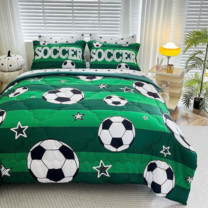 7 Piece Boys Soccer Comforter Set Full Size Bed in A Bag 3D Football Playground Sports Bedding Set for Kids Microfiber Comforter All Season Green
