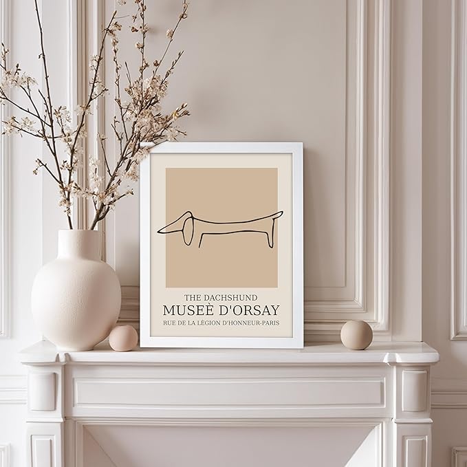 Poster Master Vintage Poster - Retro Minimalist Print - Gift for Artist, Housewarming - Dachshund Dog, Line Drawing, Abstract - Wall Decor for Living Room, Bedroom, 8x10 White Framed