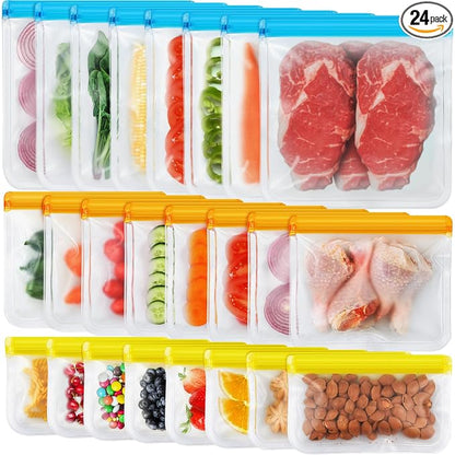 24 Pack Dishwasher Safe Reusable Silicone Bags - Leakproof Freezer Bags, BPA Free Food Storage for Lunch, Marinate, Travel - 8 Gallon, 8 Snack, 8 Sandwich Bags
