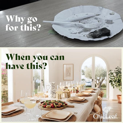Chic Leaf Palm Leaf Bamboo Plates - 9-Inch Square, Pack of 50 - Eco-Friendly Compostable Platters - Microwave-Safe Disposable Plates - Durable Party Dishware