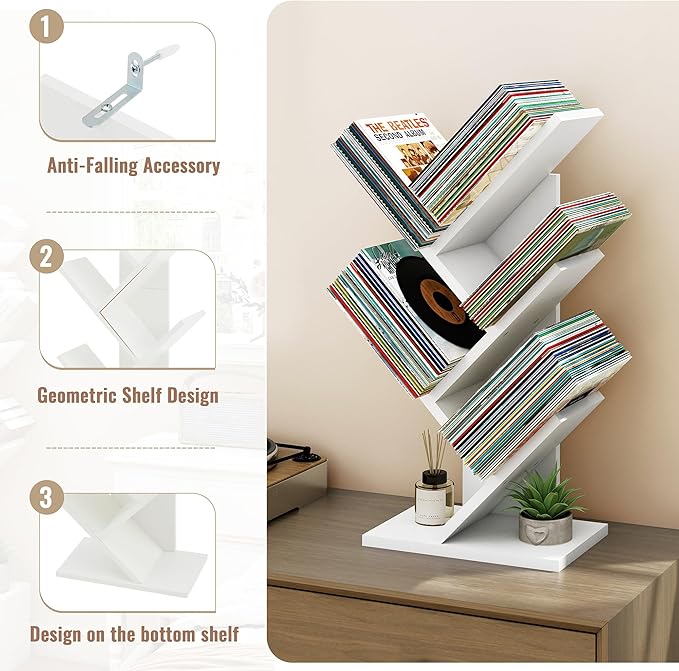Hoctieon 4 Tier Tree Bookshelf, Small Bookcase, Free Standing Tree Bookcase, Bookshelf for Bedroom, Book Shelf Organizer, Small Bookshelf, White