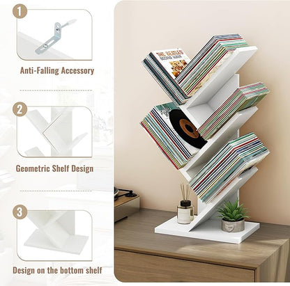 Hoctieon 4 Tier Tree Bookshelf, Small Bookcase, Free Standing Tree Bookcase, Bookshelf for Bedroom, Book Shelf Organizer, Small Bookshelf, White