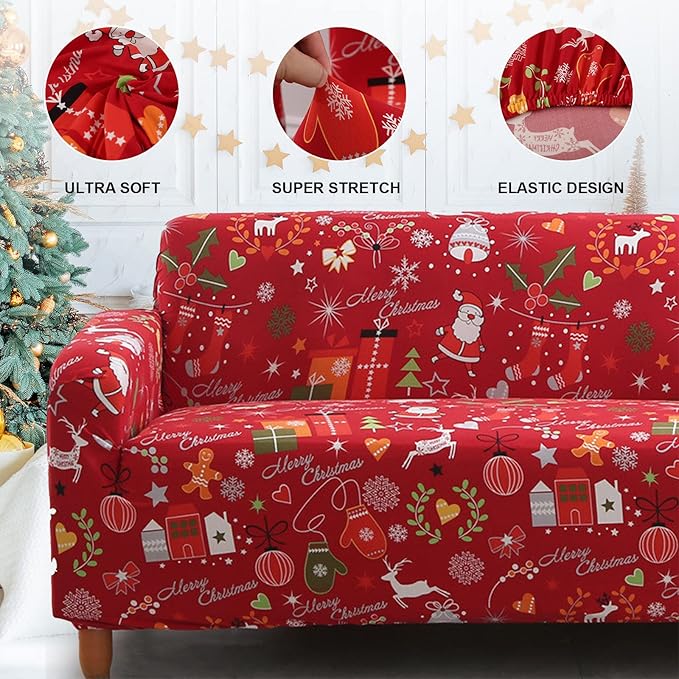 Mybedsoul Christmas Printed Sofa Cover Santa Claus Elastic Couch Cover Machine Washable Christmas Theme Red Sofa Slipcover for Living Room(2 Seater/Loveseat)