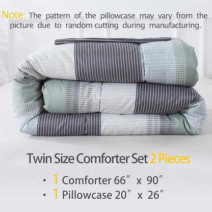 Andency Stripe Comforter Set Twin Size (66x90 Inch), 2 Pieces Mint Green Patchwork Striped Comforter, Soft Microfiber Down Alternative Comforter Bedding Set with Corner Loops (Mint, White, Grey)