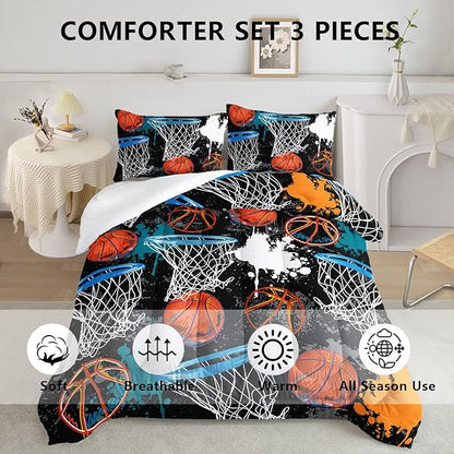 Axolotl Basketball Comforter Set Queen,Sports Comforter Set,Basketball Bedding Set,Sports Theme Comforter Set,Grunge Bedding Aesthetic Cool Style for Boys Kids Men,1 Quilt 2 Pillowcases,Black Blue