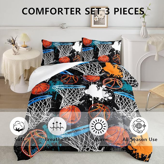 Axolotl Basketball Comforter Set Full,Sports Comforter Set,Basketball Bedding Set,Sports Theme Comforter Set,Grunge Bedding Aesthetic Cool Style for Boys Kids Men,1 Quilt 2 Pillowcases,Black Blue