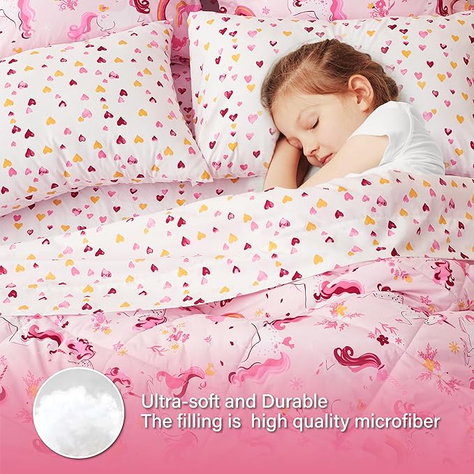 Twin Unicorn Kids Bedding Set for Girls, 5 Pieces Super Soft Lightweight Microfiber Comforter Set with Sheets, Bed in a Bag, Durable Children Bed Set