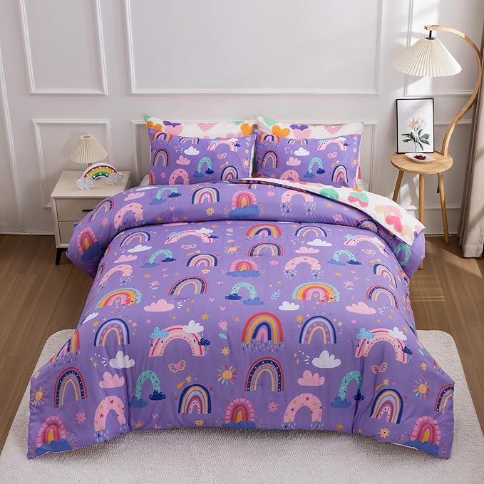 Btargot Lightweight Soft 3 Piece Rainbow Comforter Set with 2 Pillow Covers, Cartoon Love Hearts Flowers and Sun Star Bedding Set for Girls Boys Kids, Twin Dark Purple
