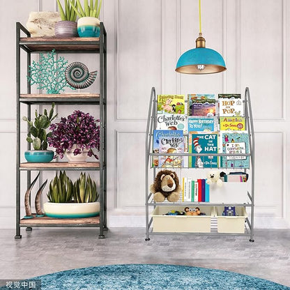 aboxoo Metal Kids Bookshelf Grey Bookcase LargeFreestanding for Children Room 32 in Toy Organizer Large Stable Bookcase Bookstore Library Book Unit Storage Kids Bed Living Room