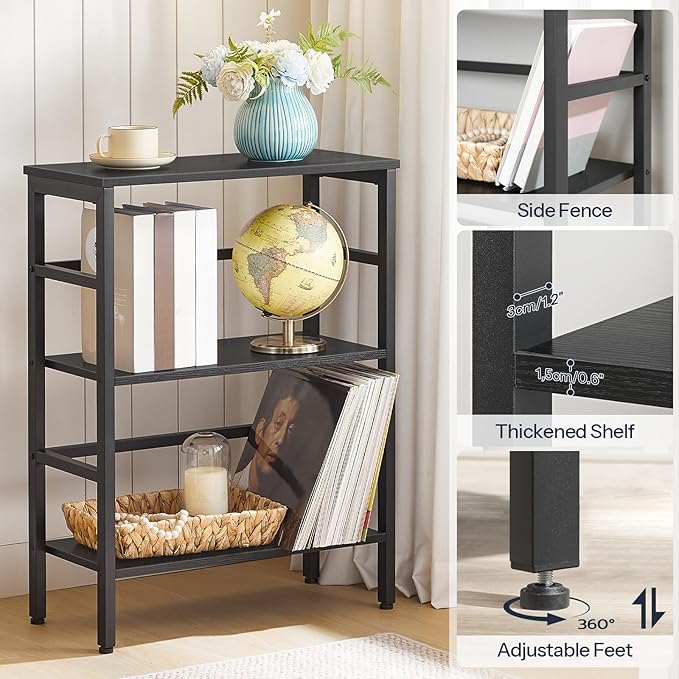 HOOBRO 3 Tier Bookshelf, Industrial Bookcase, Record Storage Rack with Side Fence, Wood Storage Shelf with Metal Frame, Rustic Open Display Shelf for Living Room, Bedroom, Black BB86CJ01