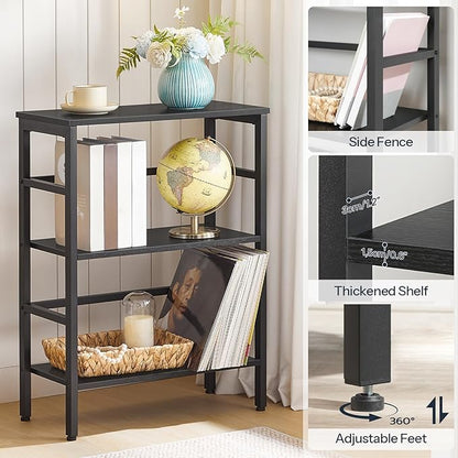 HOOBRO 3 Tier Bookshelf, Industrial Bookcase, Record Storage Rack with Side Fence, Wood Storage Shelf with Metal Frame, Rustic Open Display Shelf for Living Room, Bedroom, Black BB86CJ01
