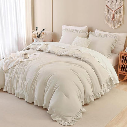 Andency Beige Cream California King Size Comforter Set, 3 Pieces Shabby Chic Ruffle Bedding Comforter Sets for Men Women, Soft Cozy Lightweight Fluffy Down Alternative Decorative Bed Set