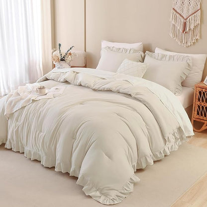 Andency Beige Comforter Set King, 3 Pieces Farmhouse Shabby Chic Ruffle Comforter, Lightweight Fluffy Soft Microfiber All Season Solid Bed Comforter Set (1 Ruffle Comforter & 2 Pillowcases)