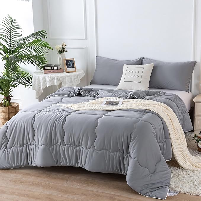 COTTEBED Ultra-Soft Comforter Set Queen/Full Size Bed, Jersey Knit T-Shirt Feeling Fluffy Cozy Comy Durable Lightweight Quilt Bedding Down Blanket & 2 Pillowcase for All Season Use, Dark Grey